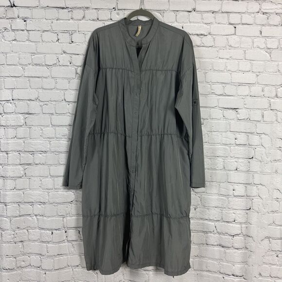 XCVI Cassiopeia Shirtdress Nylon Dress Gray Women XL Roll Tab Sleeve Snap Button - Picture 2 of 13